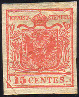 1850 - 15 Cent. Rosso, I Tipo (3), Nuovo, Gomma Originale, Perfetto. Presenta Due Pli D'accordeon. M... - Lombardy-Venetia