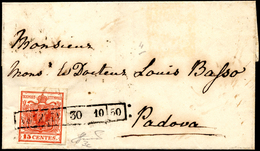 1850 - 15 Cent. Rosso Carminio, I Tipo Carta A Mano (3c), Perfetto, Su Sovracoperta Di Lettera Da Ve... - Lombardije-Venetië