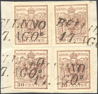 1854 - 30 Cent. Bruno Lillaceo, II Tipo, Carta A Mano (9), Quattro Esemplari Perfetti, Usati Su Fram... - Lombardy-Venetia
