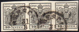 1857 - 10 Cent. Nero, Carta A Macchina (19), Striscia Di Tre, Perfetta, Usata A Brescia 31/8. Molto ... - Lombardije-Venetië