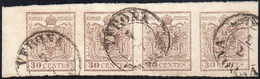 1855 - 30 Cent. Bruno Grigiastro, Carta A Mano (21b), Striscia Di Quattro, Bordo Di Foglio, Usata A ... - Lombardije-Venetië