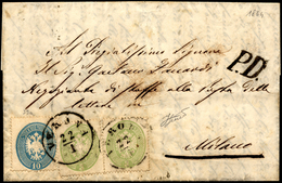 1864 - 3 Soldi Verde, Due Esemplari E 10 Soldi Azzurro Chiaro, Dent. 14 (37,39a), Perfetti, Su Lette... - Lombardy-Venetia