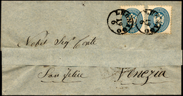 1864 - 10 Soldi Azzurro, Dent. 9 1/2 (44), Due Esemplari, Perfetti, Su Sovracoperta Di Lettera Da Le... - Lombardy-Venetia