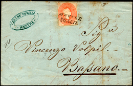 1861 - 5 Soldi Rosso, Ritaglio Di Intero Postale (2), A Filo A Sinistra, Su Lettera Da Mestre 26/9/1... - Lombardy-Venetia