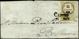 1854 - 15 Cent., Marca Da Bollo Tipografica (3), Perfetta, Su Sovracoperta Di Lettera Da Cadore 15/1... - Lombardije-Venetië