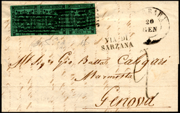 1855 - 5 Cent. Verde, I Emissione (1), Striscia Di Tre, Perfetta, Su Lettera Da Carrara 20/1/1855 A ... - Modena