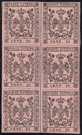 1852 - 10 Cent. Rosa Chiaro, I Emissione (2), Blocco Di Sei, Nuovo, Gomma Originale Integra, Perfett... - Modena