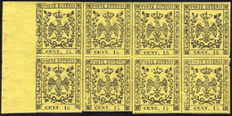 1852 - 15 Cent. Giallo (3), Blocco Di Otto Bordo Di Foglio, Nuovo, Gomma Originale Integra, Perfetto... - Modena