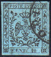 1852 - 40 Cent. Celeste (5), Usato, Perfetto. Bello! Cert. Ferrario. ... - Modena