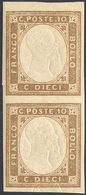 1861 - 10 Cent. Terra D'ombra, Non Emesso (2), Coppia Verticale Con L'esemplare Inferiore Con Second... - Other & Unclassified