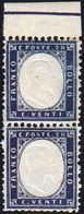 1862 - 20 Cent. Indaco Con Riflessi Violacei, Coppia Verticale Con Bordo Di Foglio In Alto Con Linea... - Andere & Zonder Classificatie