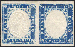 1863 - 15 Cent. Azzurro, Coppia Orizzontale Con Un Esemplare Senza Effigie, L'altro Con Doppia Effig... - Andere & Zonder Classificatie