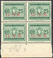 1943 - 25 Cent. Soprastampa G.N.R. Di Brescia, Blocco Di Quattro Con Un Esemplare Con R Accostata Ad... - Other & Unclassified