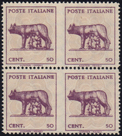 1944 - 50 Cent. Lupa, Coppia Orizzontale Non Dentellata Al Centro (515s), Blocco Di Quattro, Senza G... - Other & Unclassified