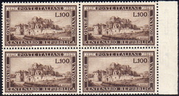 1949 - 100 Lire Repubblica Romana (600), Blocco Di Quattro, Ben Centrato, Gomma Integra, Perfetto. C... - Other & Unclassified