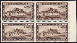1949 - 100 Lire Repubblica Romana (600), Blocco Di Quattro, Ben Centrato, Gomma Integra, Perfetto.g.... - Andere & Zonder Classificatie