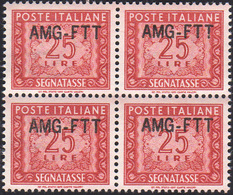 SEGNATASSE 1954 - 25 Lire, Nuovo Tipo Di Soprastampa (25A), Ottima Centratura, Blocco Di Quattro, Go... - Andere & Zonder Classificatie