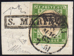 1862 - 5 Cent. Verde IV Emissione Di Sardegna (A1), Perfetto, Annullato Con Il Bollo In Cartella San... - ...-1877 Prephilately