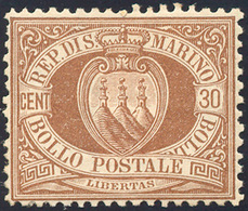 1877 - 30 Cent. Bruno Stemma (6), Gomma Originale, Perfetto, Ottima Centratura. Raro Così Ben Centra... - Other & Unclassified