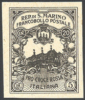 1916 - 20 + 5 Cent. Croce Rossa, Prova In Nero Del Francobollo Non Adottato, Perfetto, Senza Gomma C... - Other & Unclassified