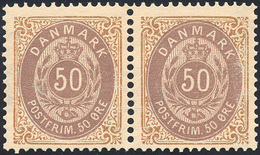 DANIMARCA 1875/79 - 50 O. Bistro E Viola, Dent. 14 X 13 1/2 (28Aa), Coppia Nuova, Gomma Originale In... - Europe (Other)