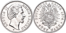 5 Mark, 1874, Ludwig II., Wz. Rf., Ss-vz., Katalog: J. 42 Ss-vz - Sonstige & Ohne Zuordnung