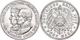 5 Mark, 1909, Friedrich August, 500 Jahre Universität Leipzig, Kl. Rf., Vz., Katalog: J. 139 Vz - Sonstige & Ohne Zuordnung