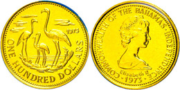 100 Dollars, Gold, 1975, Flamingos, Fb. 20, 4,91g Fein, Im Blister (bestoßen), St.  St - Bahamas