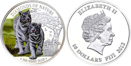 10 Dollars, 2012, Weißer Tiger, 1 Unze Silber, Coloriert, Etui Mit OVP Und Zertifikat, PP. Auflage Nur 1.000 Stück.  PP - Fidschi