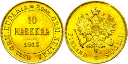 10 Markkaa, Gold, 1913, Nikolaus II., Fb. 6, Kl. Rf., F. St. - Finnland