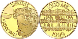 1000 Maarka, Gold, 1999, 100 Jahre "Finlandia" Von Jean Sibelius, 7,77 G Fein, Fb. 12, In Kapsel, In Schatulle, Mit Zert - Finlandia