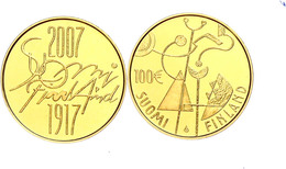 100 Euro, Gold, 2007, 90 Jahre Unabhängigkeit Des Staates Finnland, 7,77 G Fein, Fb. 20, In Kapsel, In Originalausgabesc - Finlandia