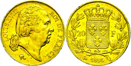 20 Francs, Gold, 1816, Q (Perpignan), Louis XVIII., Fb. 540, Gadoury 1028, Kl. Rf., Ss+. - Other & Unclassified