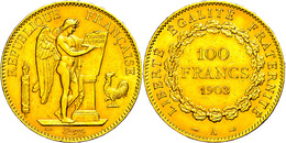 100 Francs, Gold, 1908, Stehender Genius, Fb. 590, Kl. Rf., Ss-vz.  Ss-vz - Other & Unclassified