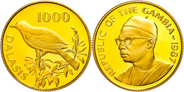 1000 Dalasis, Gold, 1987, Gambia-Schneeballwürger, 9,14g Fein, KM 25, In Kapsel, Mit WWF-Zertifikat, PP. Auflage 5000 St - Gambia