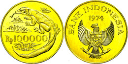 100000 Rupien, Gold, 1974, Komodovaran, Fb. 6, Leicht Berieben, Vz-st.  Vz-st - Indonesia