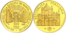 100 000 Lire, Gold, 1995, 700 Jahre Basilica Di Santa Croce Zu Florenz, 13,5 G Fein, Fb. 1528, In Kapsel, In Ausgabescha - Other & Unclassified