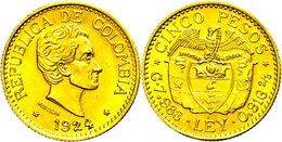 5 Pesos, Gold, 1924, Fb. 115, Ca. 7,31g Fein, Avers Vz, Revers Vz-st.  Vz - Kolumbien