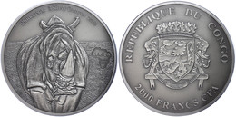 2.000 Francs, 2013, Africa - Nashorn, 3 Unzen Silber, Antik Finish, In Kapsel Mit Zertifikat, St. Auflage Nur 500 Stück. - Kongo - Zaire (Dem. Republik, 1964-70)