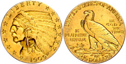 2 1/2 Dollars, Gold, 1909, Indian Head, Philadelphia, Fb. 120, Ss.  Ss - Altri & Non Classificati