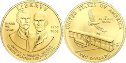 10 Dollars, Gold, 2003, 100 Jahre Motorflug, 900er Gold, 16,718 G, Fb. 219, In Kapsel, In Originalausgabeschatulle Der U - Altri & Non Classificati