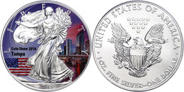 1 Dollar, 2015 (Fehlprägung, Müsste 2016 Sein), Silver Eagle - Coin Show Tampa 2016, Je 1 Unze Silber, Coloriert, Nur In - Other & Unclassified