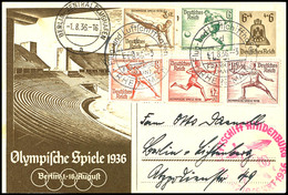 1936, Olympiafahrt, Auflieferung Frankfurt, 6 Pfg. Sonder-Ganzsachenkarte Mit Fünf Weiteren Sondermarken Und Text, Katal - Other & Unclassified