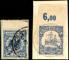 20 Pfg Krone/Adler Mit Oben Anhängendem Zwischensteg Und 20 Pfg Schiffszeichnung Oberrandstück, Je Auf Briefstück, Gest. - Nouvelle-Guinée