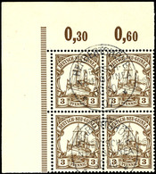 3 Pfg Schiffszeichnung, Nicht Gelisteter Plattenfehler Auf Feld 1 "Delle In Linken Rand Oben", Linker Oberer Eckrand-4er - German New Guinea