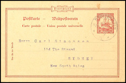 10 Pfg Karte, Stempel BERLINHAFEN DNG -/9/10 Nach Sydney/New South Wales (Text Betrifft Den Versand Von Lebenden Vögeln) - German New Guinea