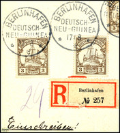 BERLINHAFEN 17/8 08, Je  Klar Auf  Briefstück 2mal 3 Pfg Schiffszeichnung Mit R-Zettel, Katalog: 7(2) BS - Deutsch-Neuguinea