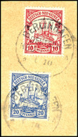BERLINHAFEN 6/10 07, Aushilfsmonatszahl "10", Klar Auf Briefstück 10 Und 20 PfgSchiffszeichnung (10 Pfg 1 Ecke Min. Stum - German New Guinea