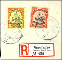 FINSCHHAFEN DNG 9/8 13, Je Klar Auf Briefstück Mit  25 Und 30 Pfg Schiffzeichnung Und R-Zettel, Sign. Pauligk, Katalog:  - Deutsch-Neuguinea