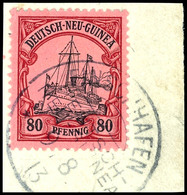 FINSCHHAFEN DNG 9/8 13, Je Klar Und Zentr. Auf 2 Briefstücken 50 Und 80 Pfg Kaiseryacht, Je Sign. Pauligk, Katalog: 14/1 - German New Guinea